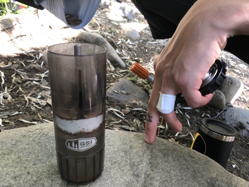 camping coffee - getting the javamill ready for another round of fresh ground beans...