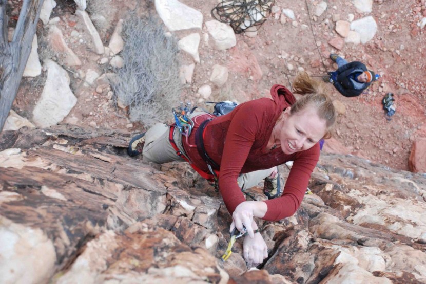 carabiner - cam on a hard-for-her trad route. we evaluated the clipping action...