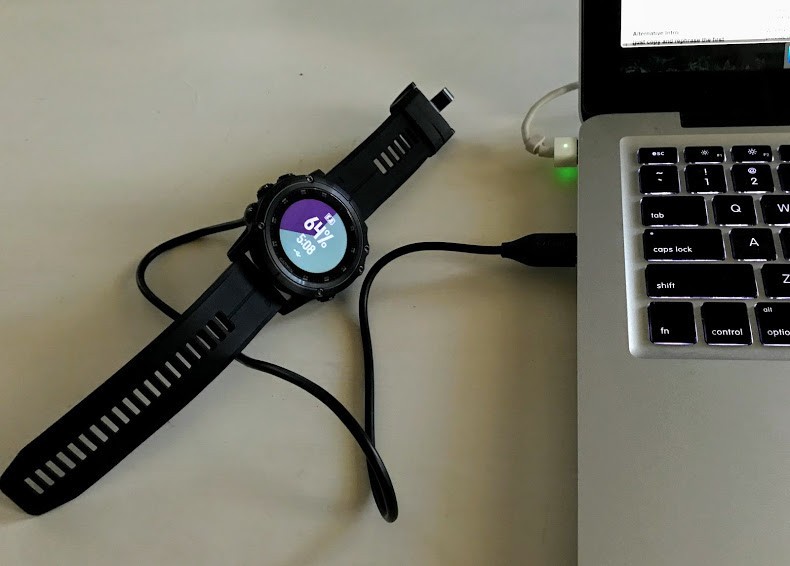 garmin fenix 5x plus sapphire - this model charges via usb with a cable unique to the watch.