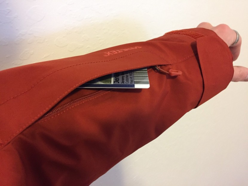 marmot kt component - the pass pocket on the sleeve of the kt component jacket.