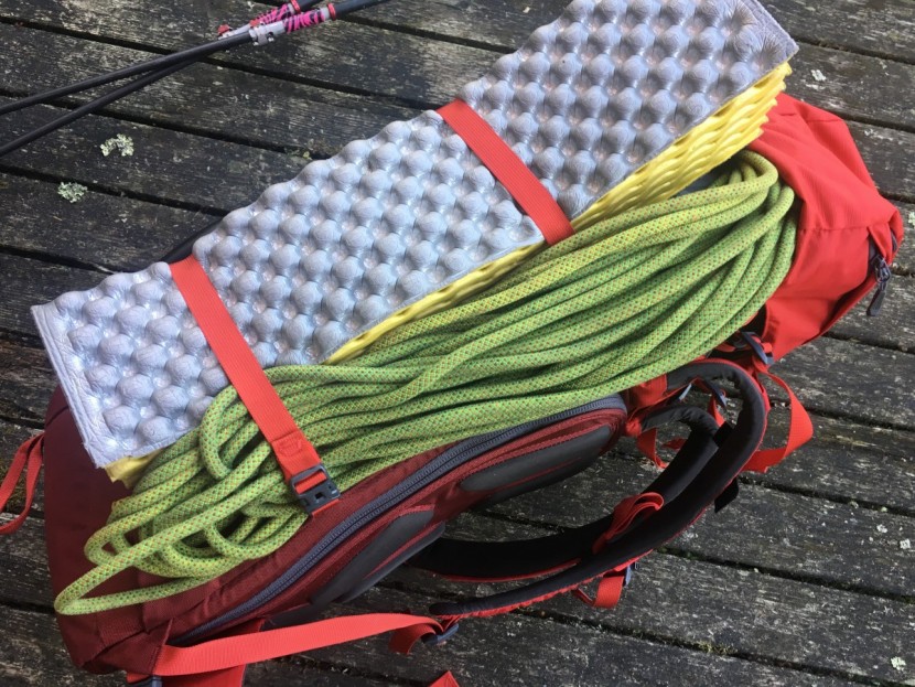 mammut trion pro 50 + 7 - we could just barely fit a 3/4 length foam pad in the side straps...