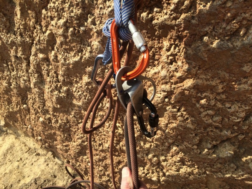 petzl attache - here the large basket of the attache is being put to use belaying up...