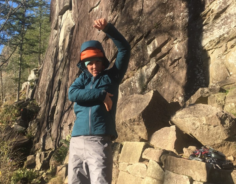 rei co-op drypoint gtx for women - the arm lift test! still pretty comfortable, even with a lightweight...