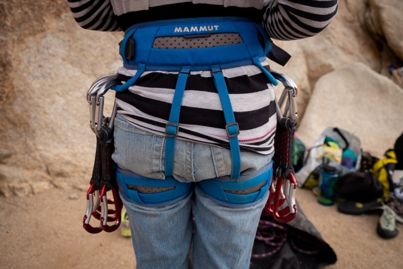 climbing harness kids - showing off the perforated mesh panels, adjustable elastic risers...