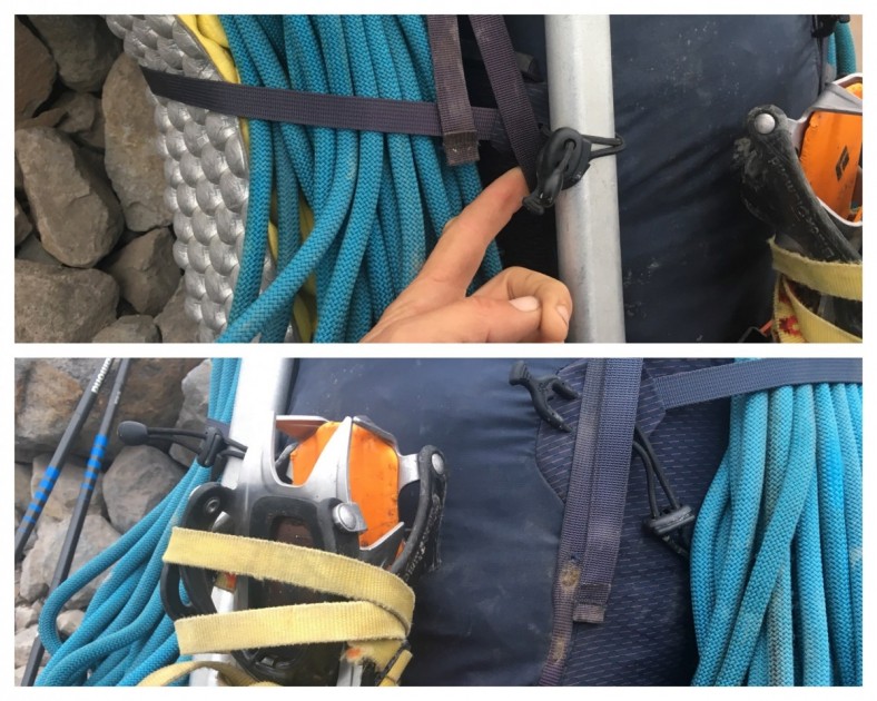 osprey mutant 38 - the pack&#039;s closure system perfectly overlaps the axe shaft...