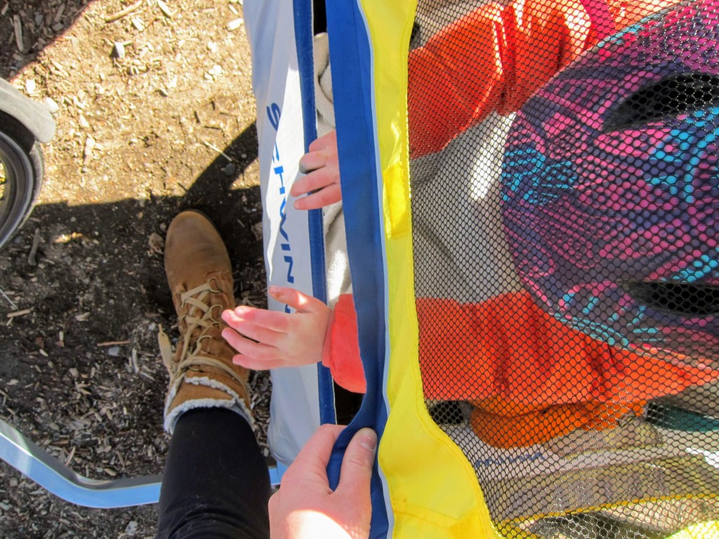 bike trailer - since it's only secured by velcro, a squirmy passenger can easily...