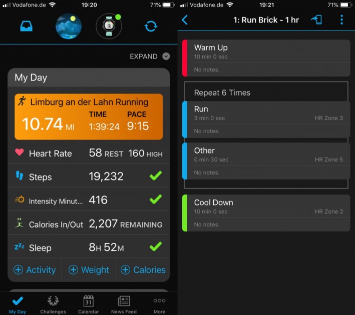 garmin forerunner 935 - here we show the daily report page (left) and the build a workout...