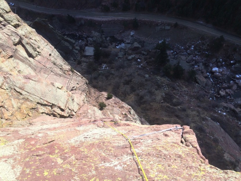 climbing slings - looking down the slab on pitch 2 of the naked edge, eldorado canyon...