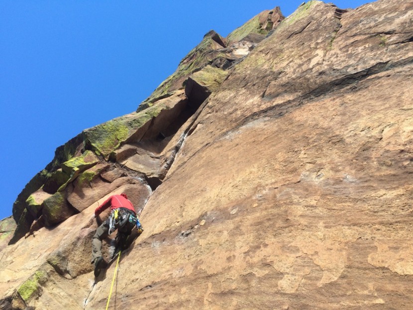 black diamond nylon sewn runner - intending to link the top two crux pitches of the naked edge...