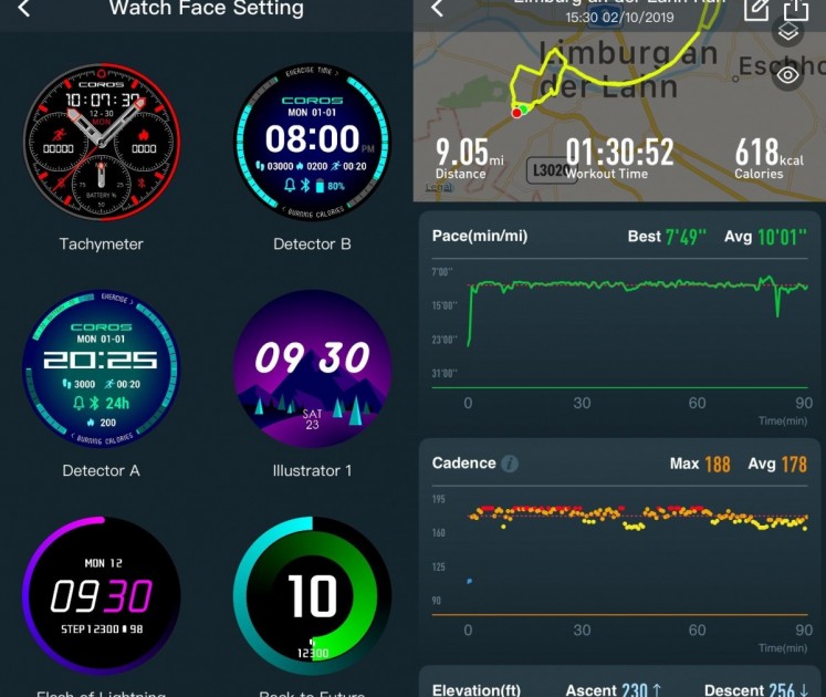 coros pace - two screens of the coros app. the watch face settings screen on the...