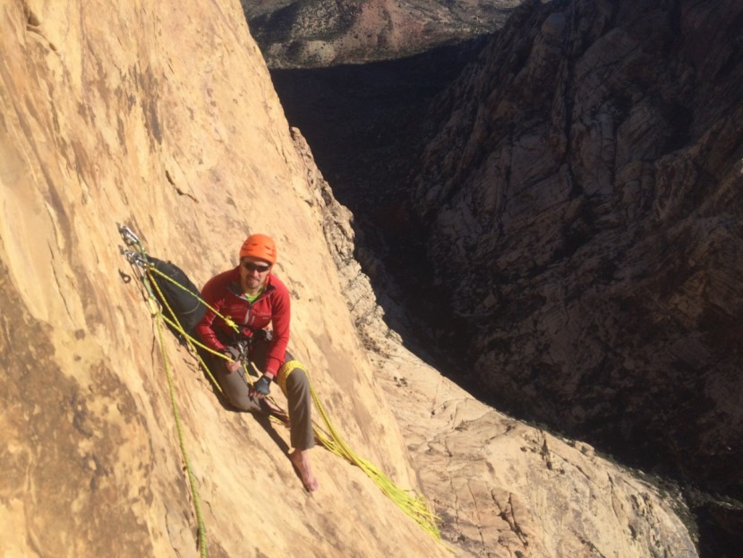 arc'teryx fl-365 - stefan belays on a sloping ledge near the top of levitation 29, a...