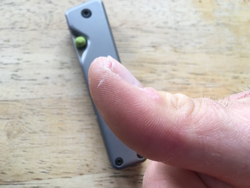 the james brand the chapter - this tester's thumb shows a slight cut from normal opening of the...