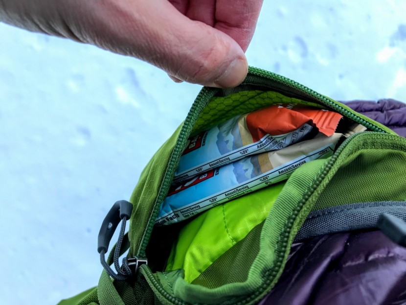 snacks for later in one of the zippered waist belt pockets.
