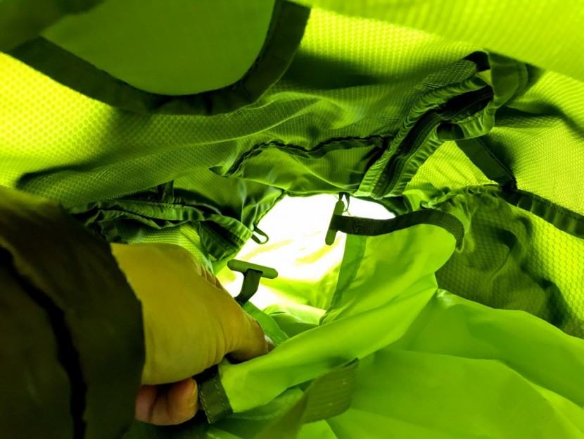 looking down the pack from the top. the lower sleeping bag...