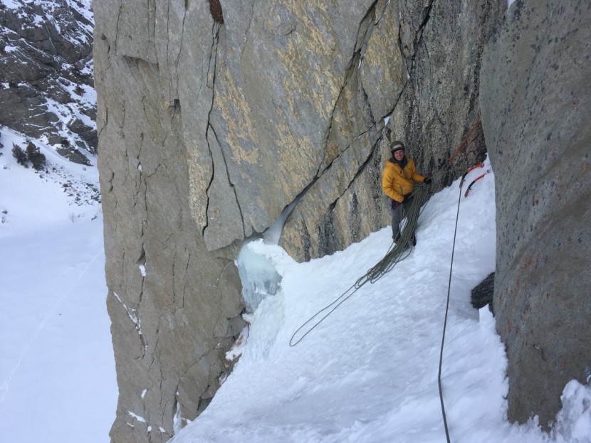 scarpa mont blanc pro - sam with happy feet at the belay.