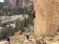 Using a GriGri to lead belay on the classic arete climb Latest Rage...