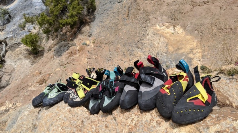 an array of women's climbing shoes. most brands make women's...
