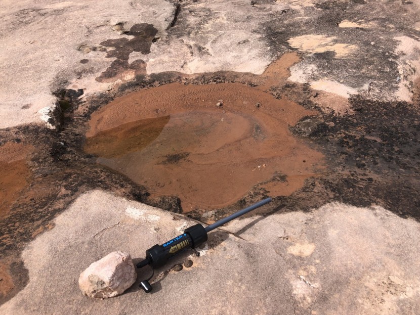 backpacking water filter - this gross puddle, like many water sources in the desert, is...