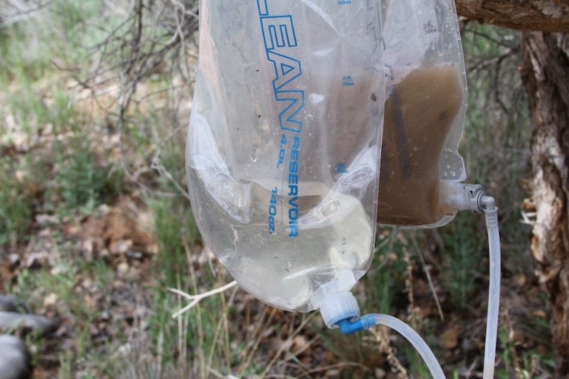 backpacking water filter - the platypus gravityworks hard at work, cleaning out super turbid...