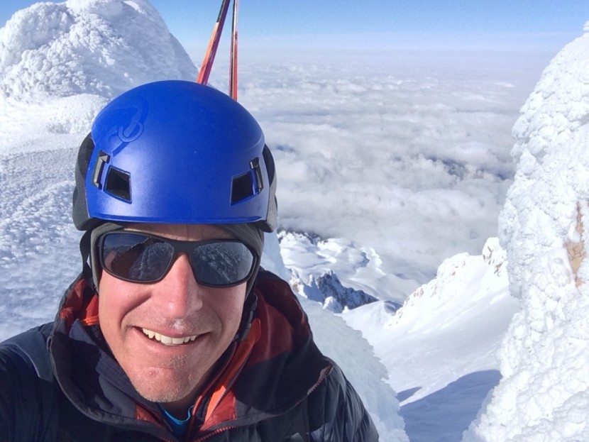 climbing helmet - nearing the summit of mt. hood, oregon&#039;s tallest mountain, on a ski...