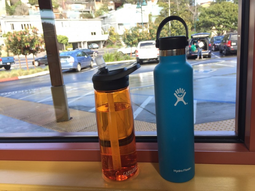 camelbak eddy+ - the hydro flask, shown on the right, was much better at shedding...
