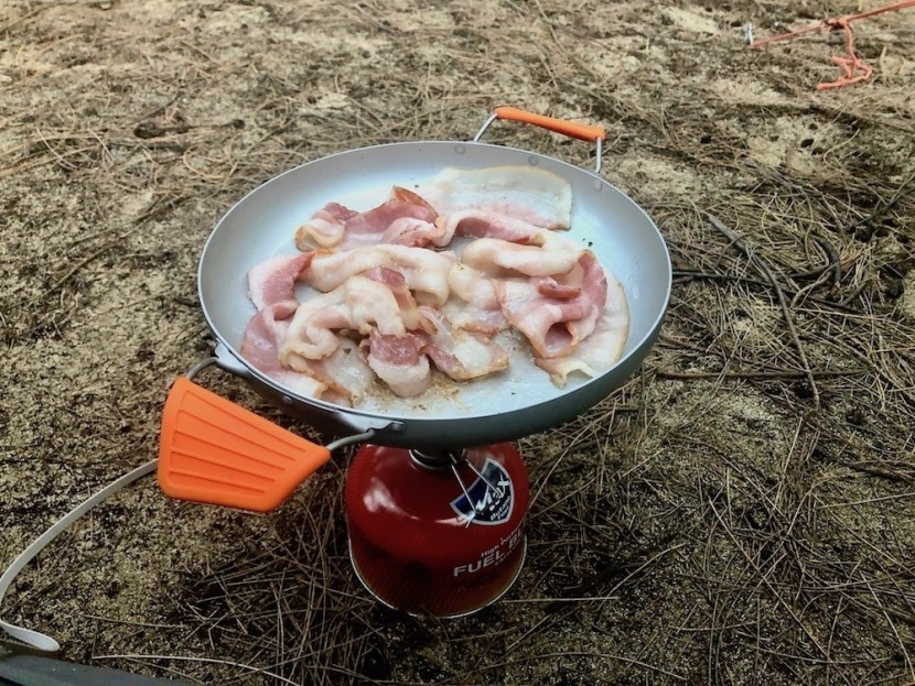 camping cookware - here we cook up some bacon during a cooking performance test.