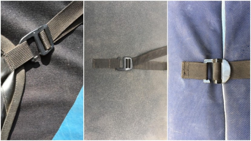 bouldering crash pad - the black diamond drop zone (left) and mondo&#039;s (center) buckles work...