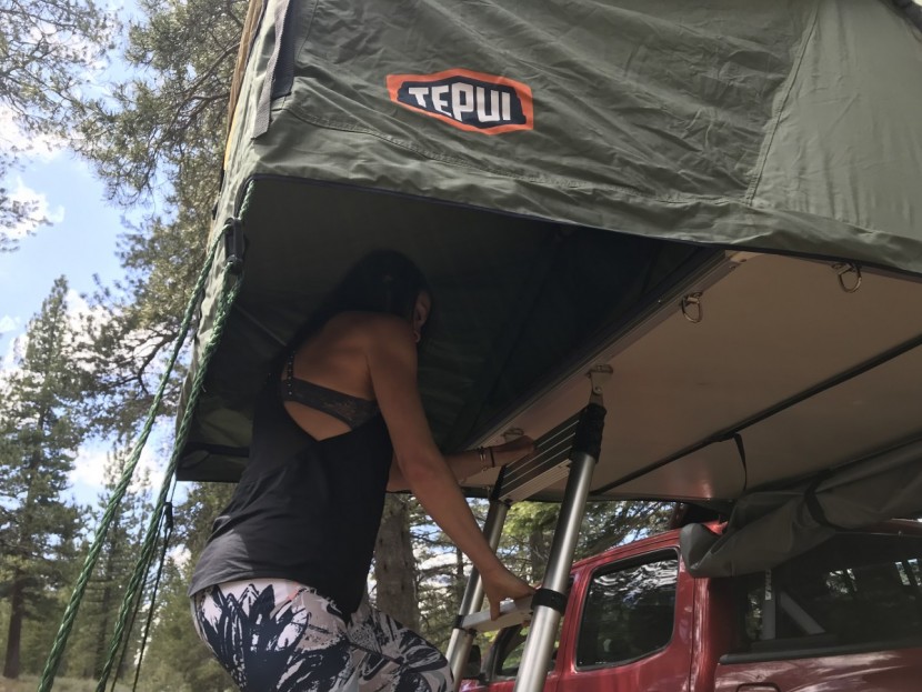 rooftop tent - the autana 3 has a large entrance awning that keeps the ladder dry...