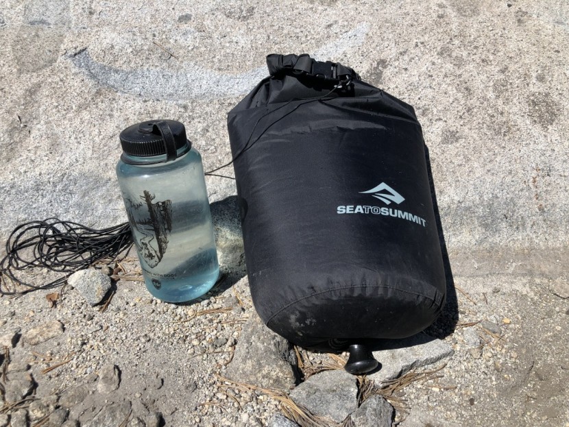sea to summit pocket shower - the black fabric soaks up sun easily over the course of several hours.