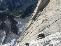 Mike Donaldson high up on the Beckey-Chouinard on South Howser Tower...