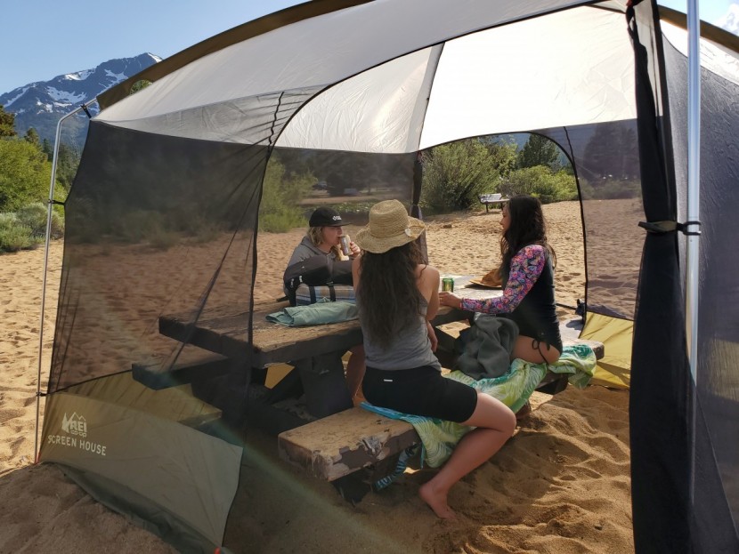 rei co-op screen house - testing wind resistance at the beach. enough room for a picnic table...