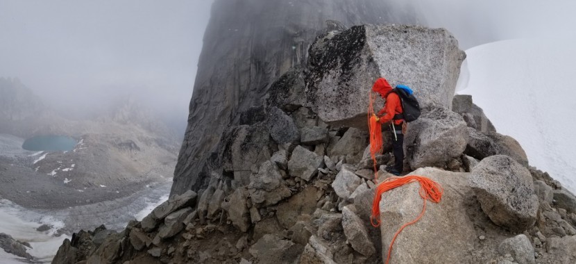 mammut revelation - rappelling in a snowstorm from the bugaboo-snowpatch col, coiling...