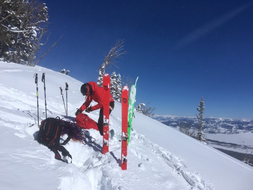 at bindings - stripping skins, digging out the ropes, putting the harness on, and...