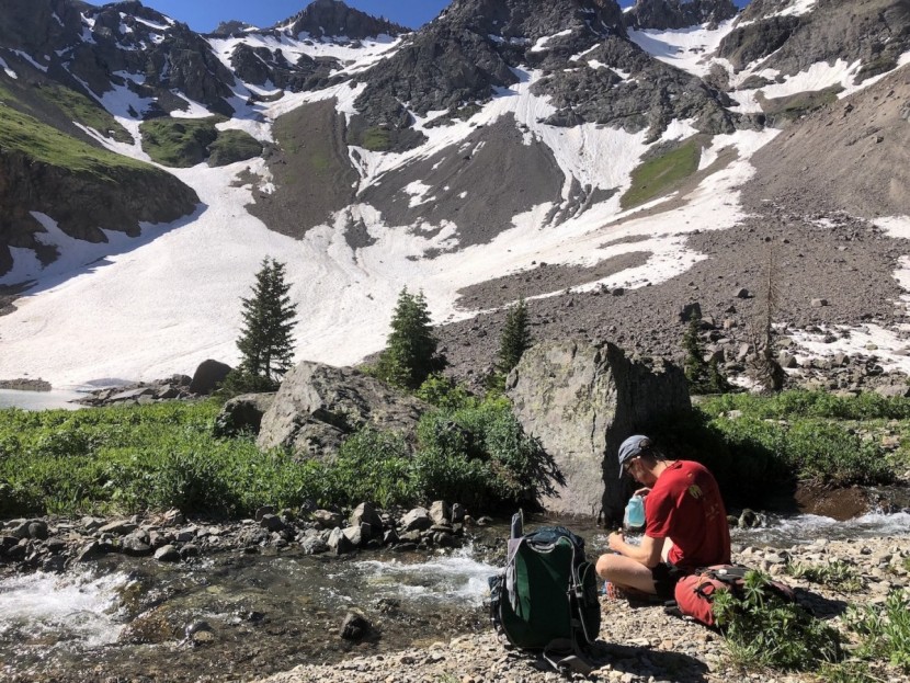 sawyer squeeze - eddy filters water riverside before we head up the snowfield to...