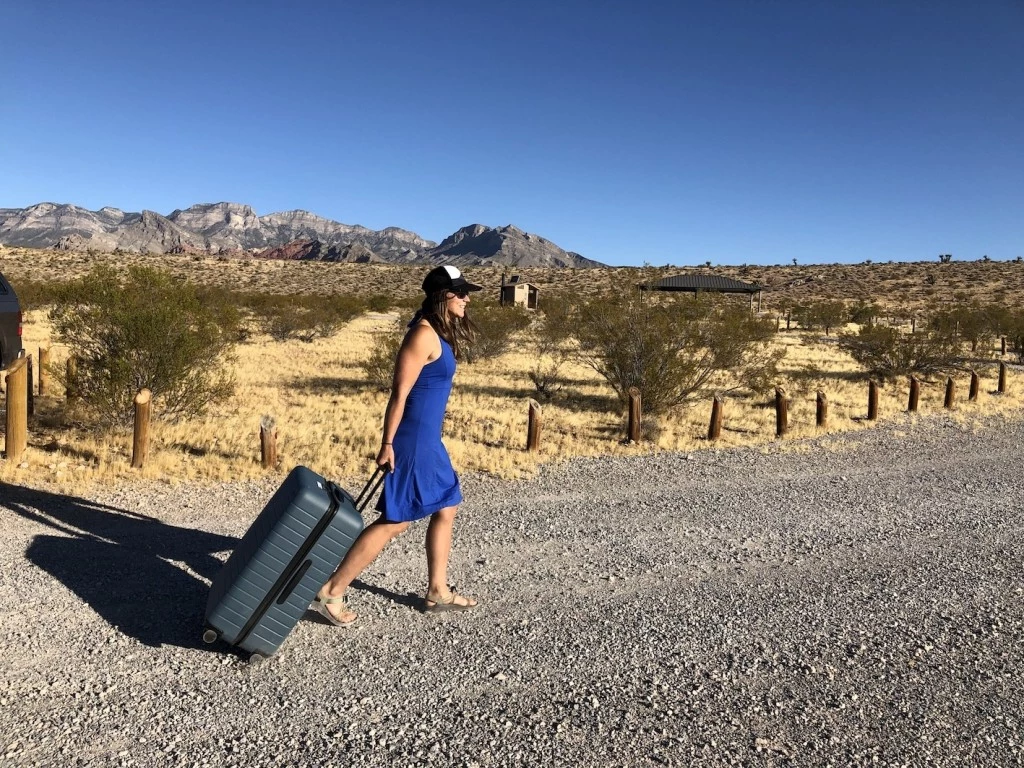 away travel large luggage review - testing rolling capabilities at the campground in red rocks. while...
