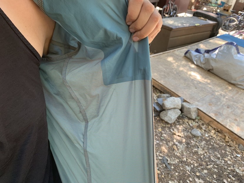 patagonia houdini air for women - showing off the internal breathability of the houdini air.