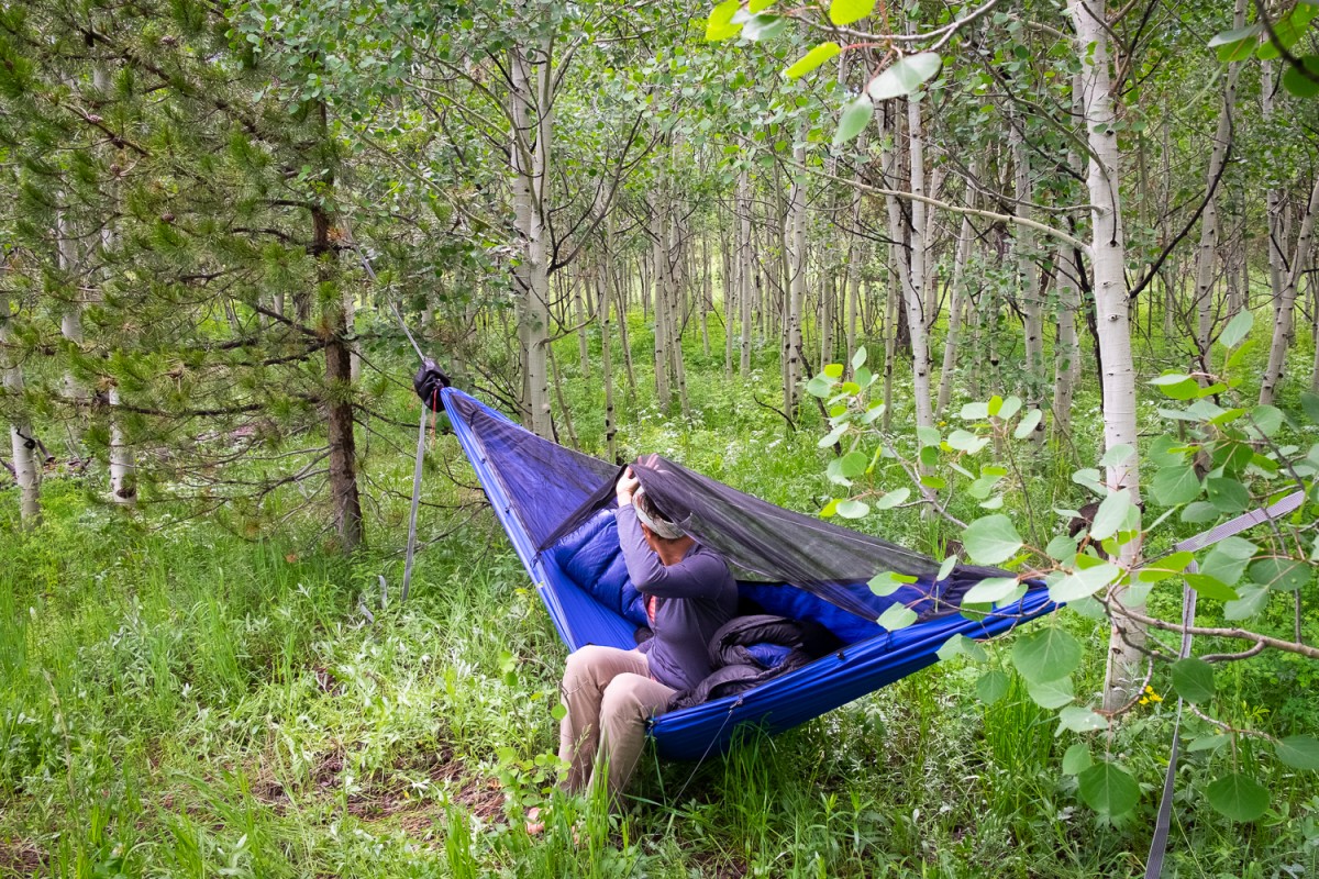 Dutchware Chameleon Review (Staking out the angles of the hammock keeps it spread even when you aren't in it which helps your slippery sleeping...)