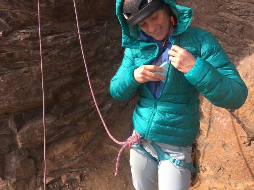arc'teryx cerium sv hoody for women - keeping our phone warm is easy in the chest pocket of the cerium sv!