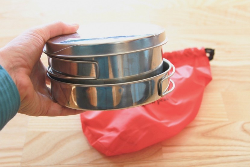 snow peak personal cooker 3 - the whole set nested together includes two pots, one pan, and a...