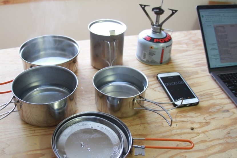 camping cookware - we get ready to test several different pots with two cups of water...