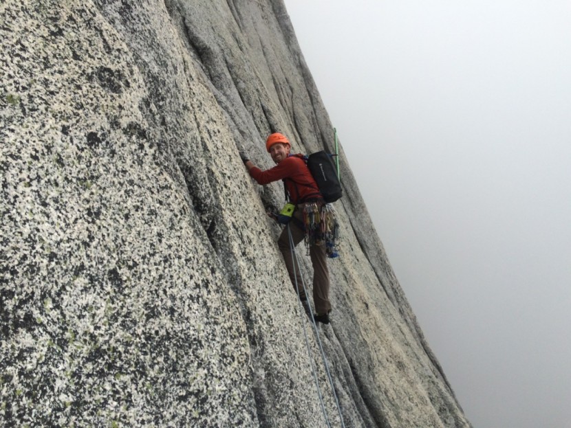 climbing cams - stefan griebel leading into the clouds low on the becky-chouinard on...