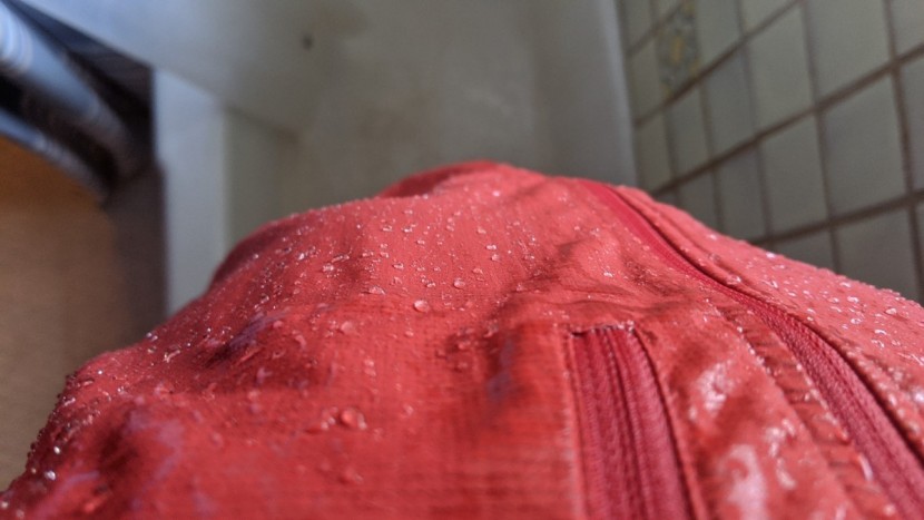 patagonia houdini air - the results of our shower test. you can see some droplets beading in...
