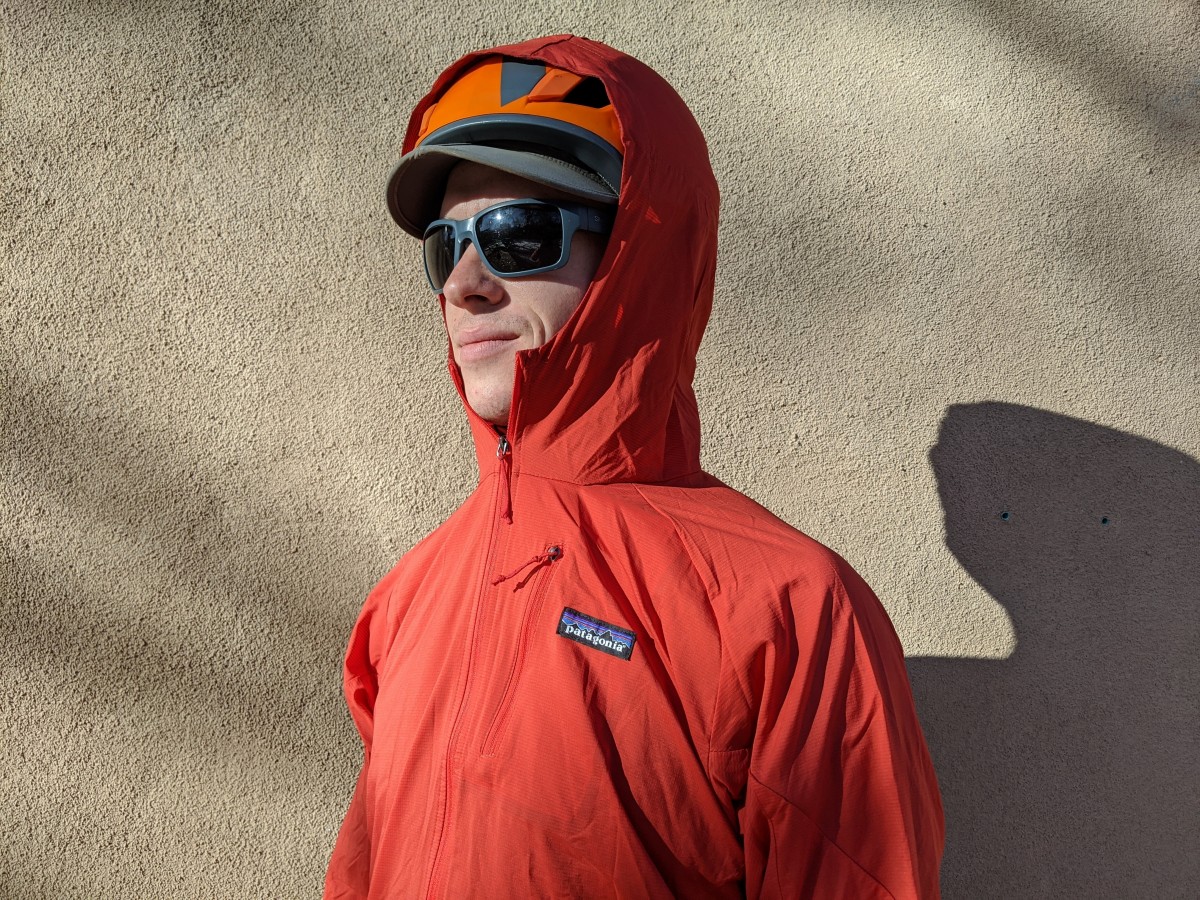 Patagonia Houdini Air Review (The recycled nylon offers a slight stretch, which helps this hood fit comfortably over a climbing helmet.)