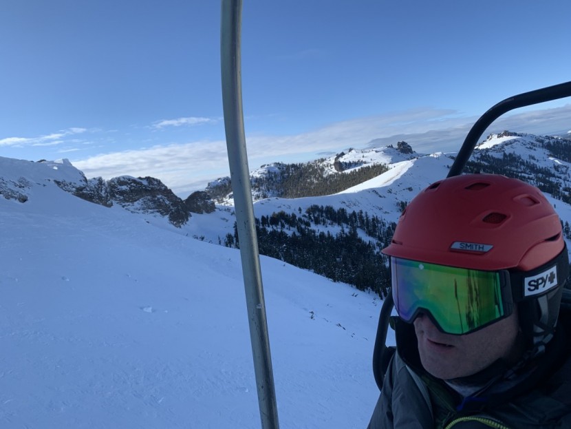spy ace - evaluating the fit of the ace with a helmet while riding the lift.
