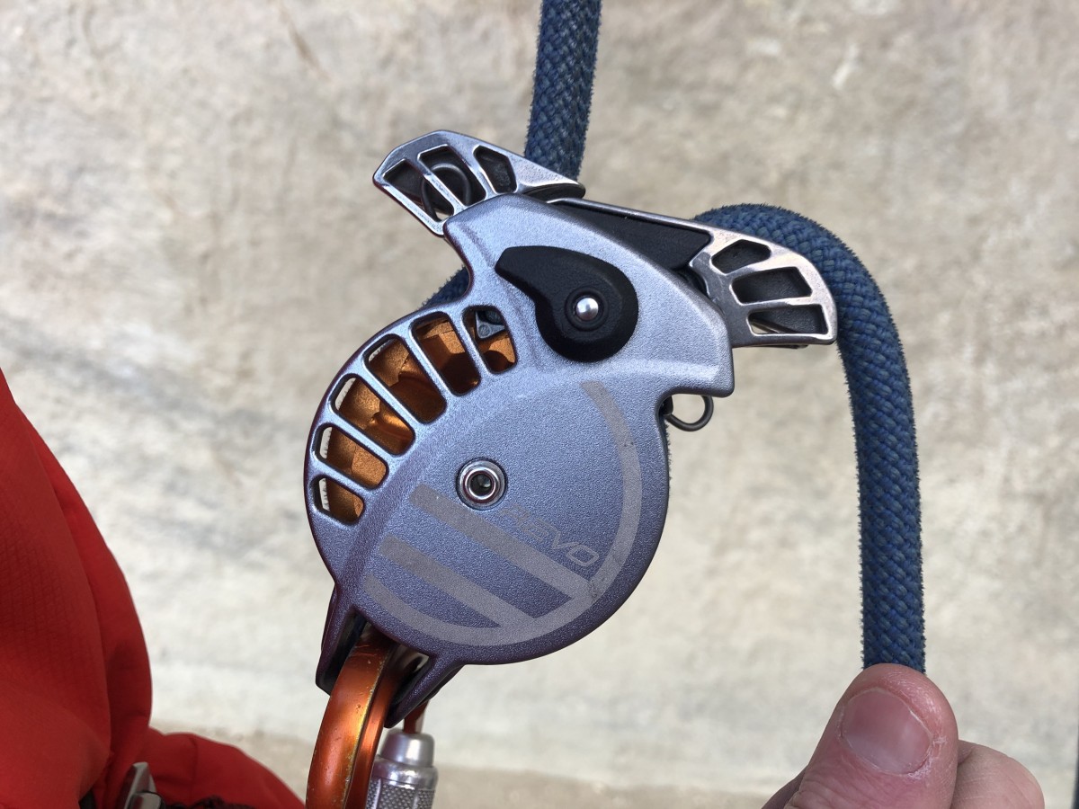 Wild Country Revo Review (When the emergency backup locks the rope, the silver lever on the top clicks upward, and the wire seen below it also...)