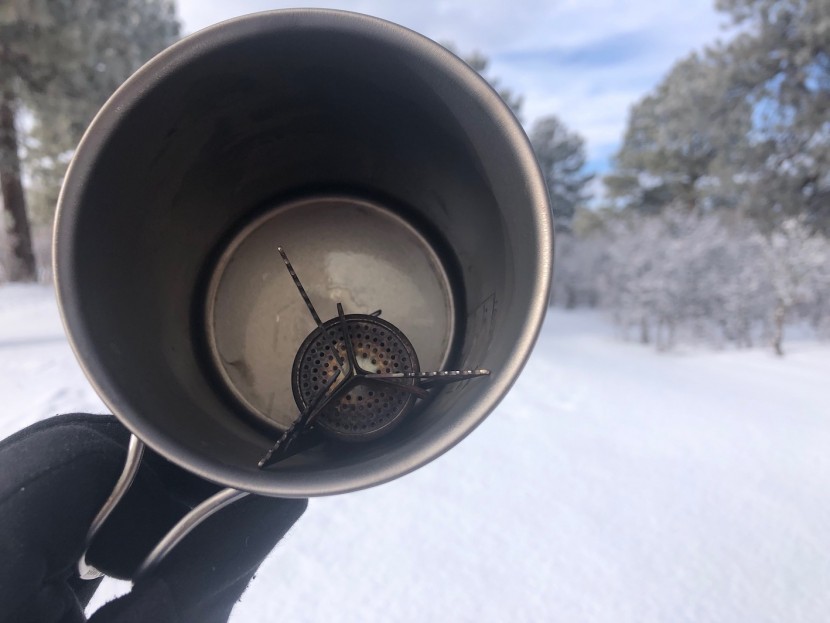 snow peak trek 700 titanium - a look at the relative nesting capacity, using a small pocket rocket...