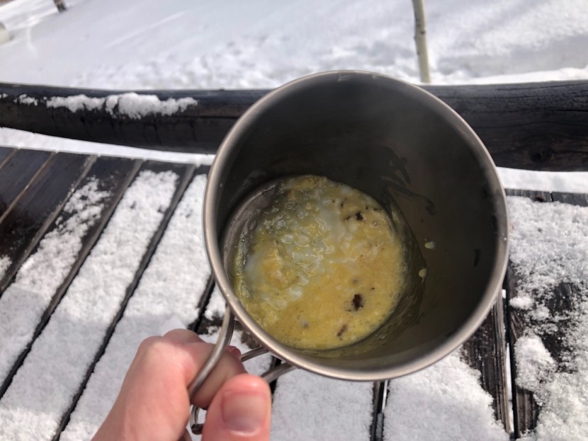 snow peak trek 700 titanium - a look at the burned egg that we tried to keep from burning...