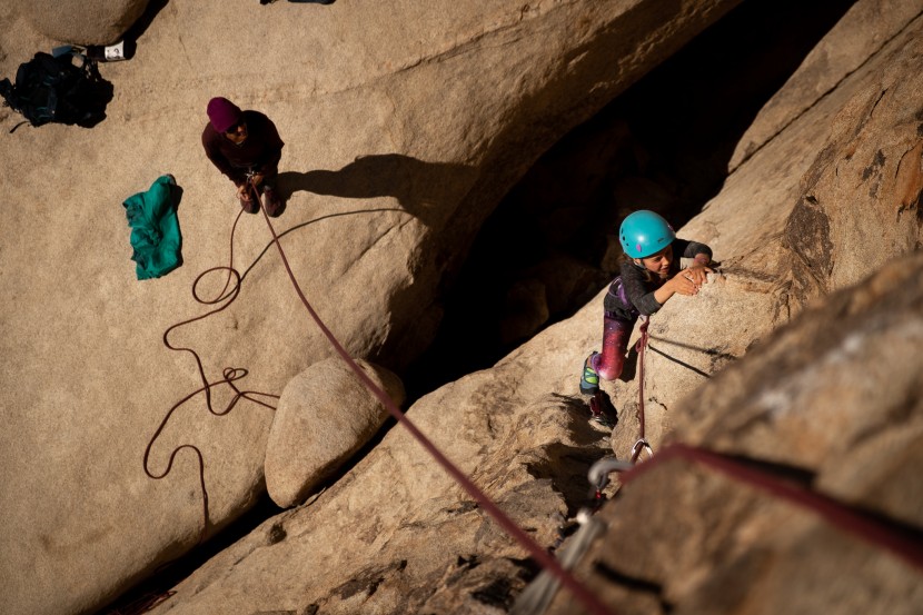 climbing shoes kids - giving some thought to a steep bulge in joshua tree.