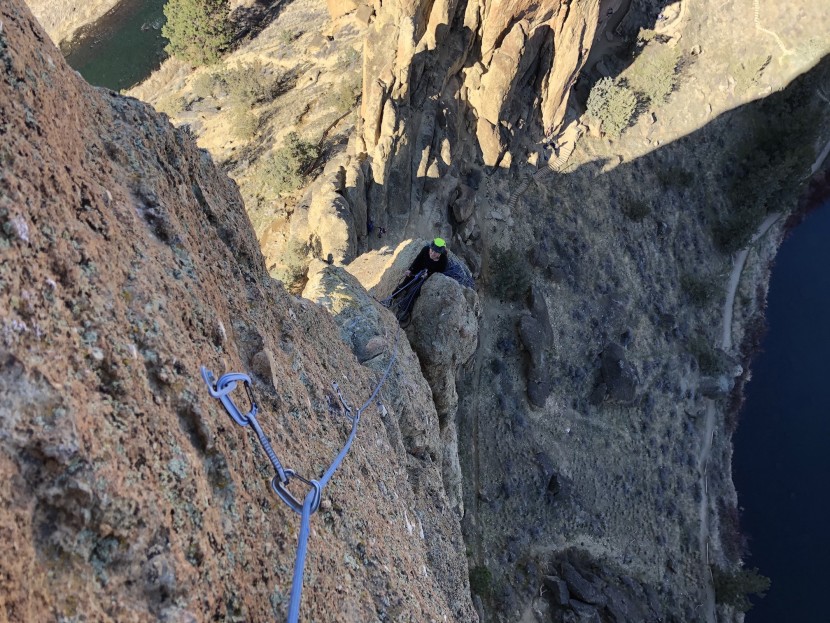 quickdraw - the miniwire, clipped to a bolt high on the multi-pitch route sky...
