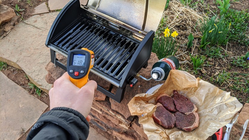 portable grill - an infrared thermometer allowed us to precisely monitor the...